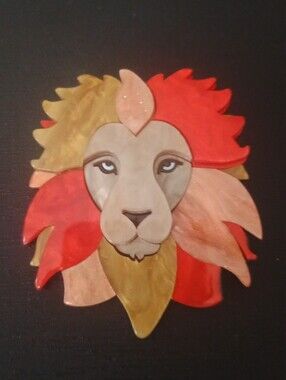 Colorful Lion Face Brooch - Red, Coral & Gold Tones